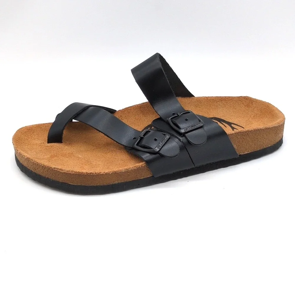 Moosefield Shoes Womens Black 39 Leather Thong Sandals Double Buckle Straps NEW